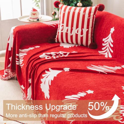 Smiry Chenille Couch Cover for 3-Cushion Sofa, Dog Hair Protection, Red Christmas Tree 88.5x118 Inch