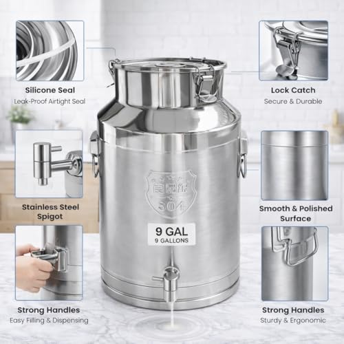 9.3 Gallon Stainless Steel Milk Can with Sealed Lid Heavy Duty Water & Oil Storage