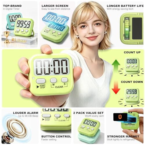 2-Pack Digital Timers with Mute Mode & Magnet for Kitchen & Classroom