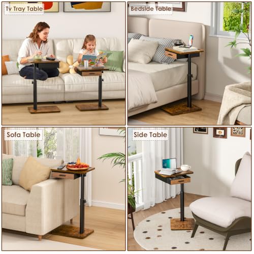 Adjustable C-Shaped TV Tray Table with Drawer and Swivel Top