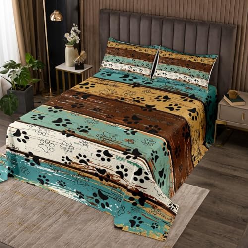 Queen Size Dog Paw Print Quilted Bedspread Set - Farmhouse Plank Coverlet