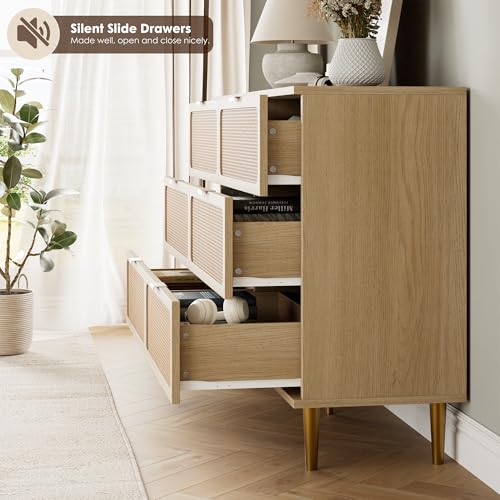 6-Drawer Wood Dresser with Natural Rattan Doors, Large Bedroom Chest