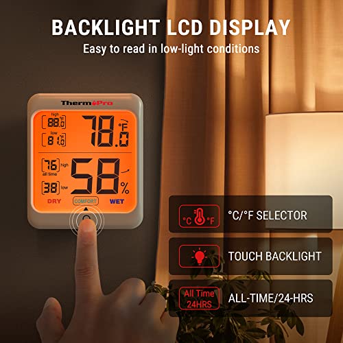 ThermoPro TP53 2 Pack Digital Hygrometer Indoor Thermometer for Home, Temperature Humidity Sensor with Comfort Indicator & Max Min Records, Room Thermometer Humidity Meter with Backlight Display