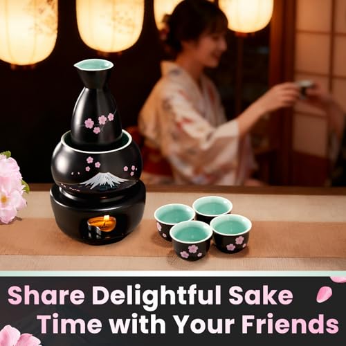 Black DUJUST Japanese Sake Set with Warmer, 6 Cups, Bottle, Candle Stove & Gift Box