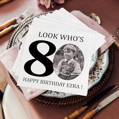 Personalized 80th Birthday Photo Napkins - Look Who's 80 Party Supplies, Cocktail & Beverage Size, Customizable