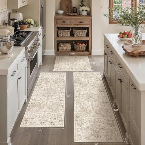 3-Piece Washable Kitchen Runner Rug Set, Non-Slip Vintage Farmhouse Mats