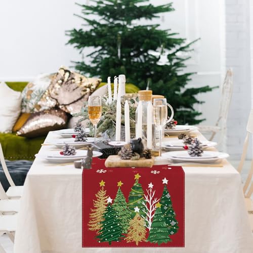 Moutina Christmas Table Runner 13x36 Inch Red Snowflakes & Pine Trees Seasonal Decor