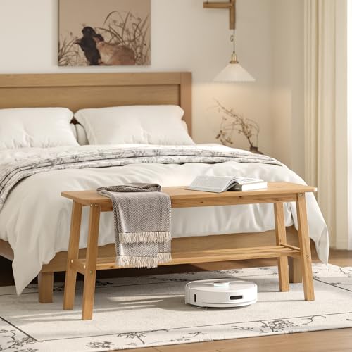 39-Inch Solid Wood Dining Bench with Shoe Rack Storage - Light Brown