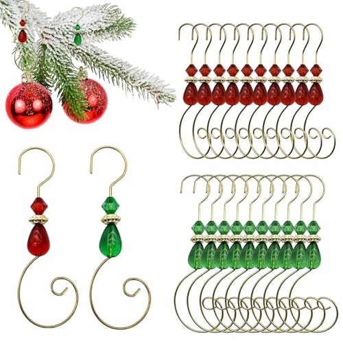 Furimuk 20 Pcs Christmas Ornament Hooks with Crystals - Red & Green, 3-Inch Stainless Steel Hangers