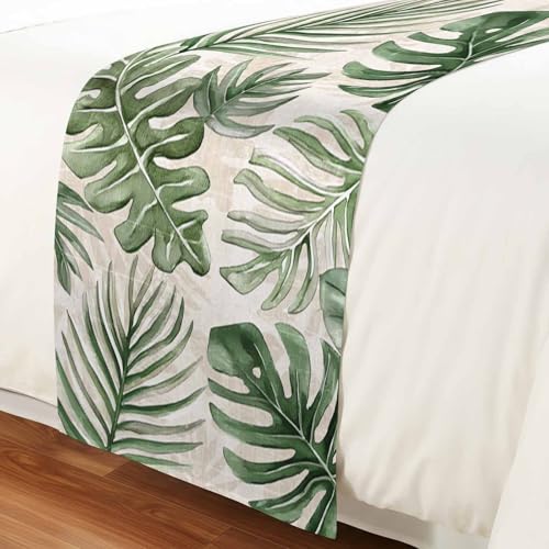 Green Monstera Deliciosa Bed Runner Scarf - Cal King Tropical Bed Throw