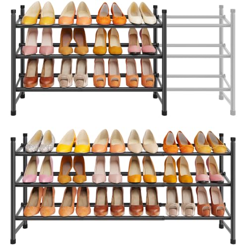 3-Tier Expandable Shoe Rack, Adjustable Metal Shoe Organizer for Closet