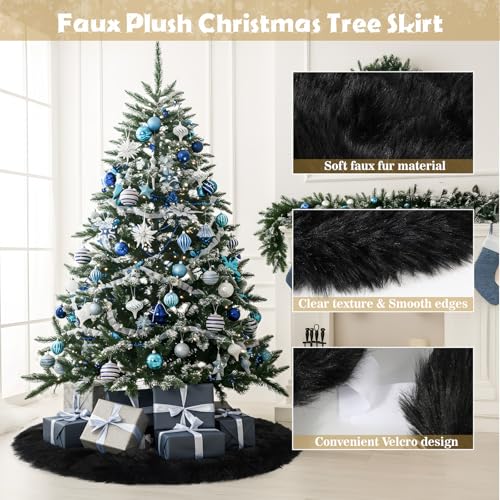 28 Inch Black Faux Fur Christmas Tree Skirt with Anti-Slip Backing