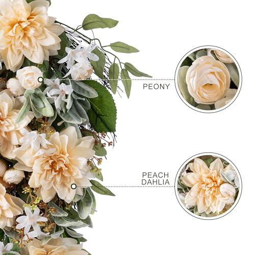 28-Inch Peach Dahlia Artificial Floral Teardrop Swag for Front Door