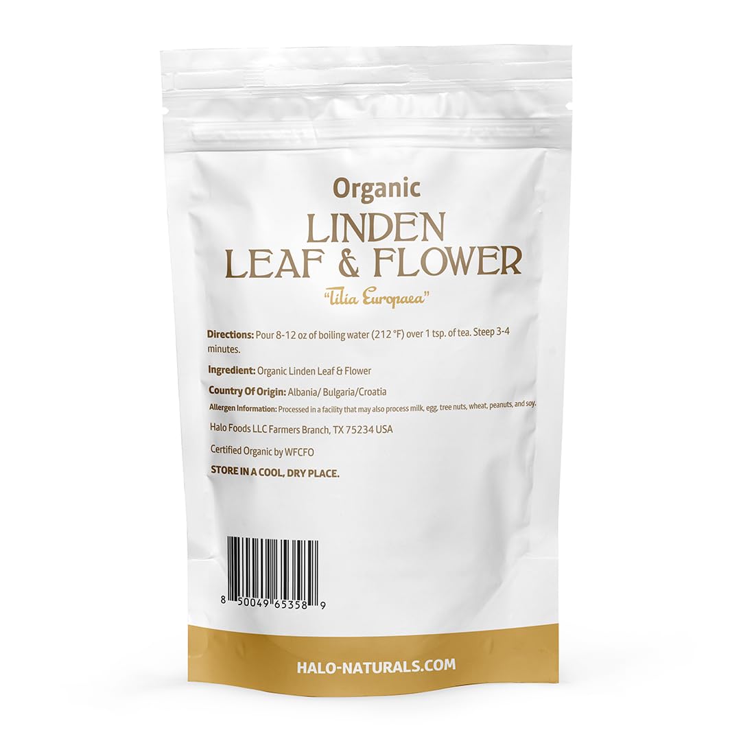 Halo Naturals Organic Linden Leaf & Flower Cut & Sifted, 4 Ounces (Tilia europaea) USDA Certified | Resealable Pouch| Packaged in The USA