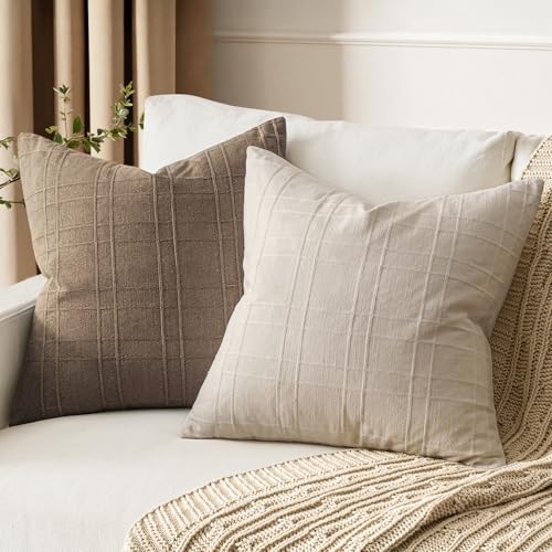 MIULEE Linen Plaid Throw Pillow Covers 20x20 - Set of 2 Neutral Cushion Covers