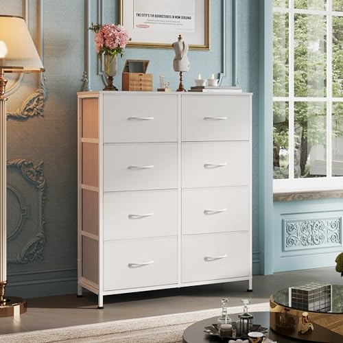 8-Drawer White Fabric Dresser - Tall Storage Tower for Bedroom