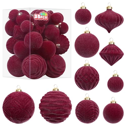 35Pcs Burgundy Velvet Christmas Ball Ornaments Set with 1.57"-3.14" Hangers - Xmas Tree Decor by Super Holiday