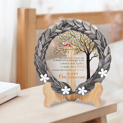 6th Wedding Anniversary Crystal Plaque with Iron Wreath Keepsake Gift