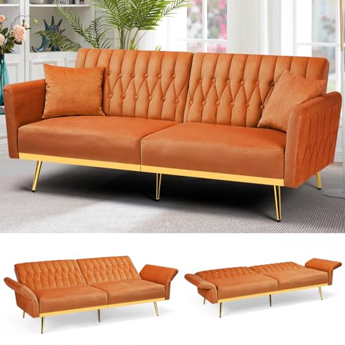 70-Inch Velvet Convertible Futon Sofa Bed with Adjustable Armrests