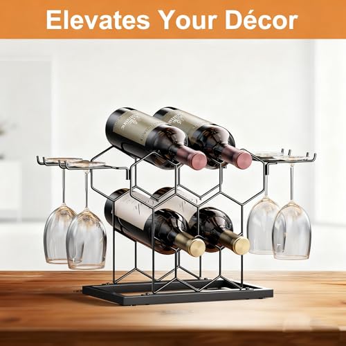 B4Life Black Countertop Wine Rack with Glass Holder - Holds 8 Bottles
