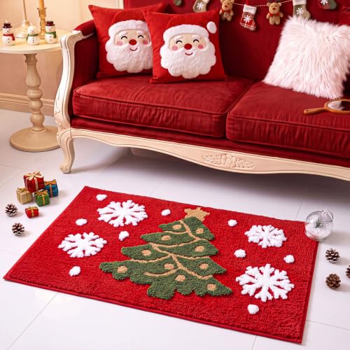 Lyrow Red 3D Christmas Bathroom Rug with Plush Tree Snowflake 31x20 inches