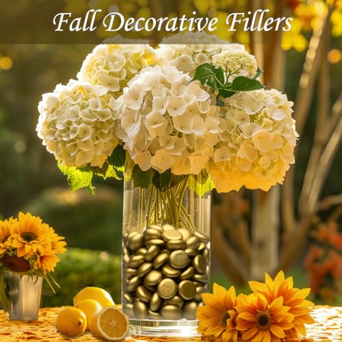 HappyFiller Fall Christmas Decoration 2 LB Mini Gold Flat Marbles Glass Gems,Weighted Fillers Pebbles Stones for Flower Vases,Candle Holder,Wedding Party Home Floral Decor Gemstones,1/2" Each