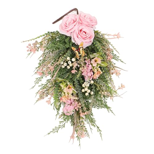 19.7-Inch Artificial Rose and Berry Teardrop Swag for Front Door Decor