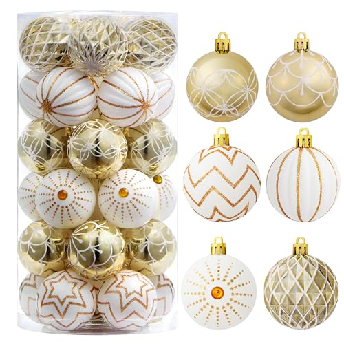Christmas Tree Ornaments Set - 30 Shatterproof Gold & White Balls for Holiday Decor