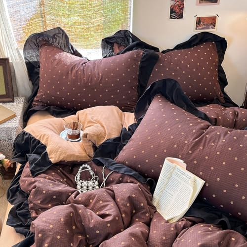 Brown Polka Dot Ruffle Duvet Cover King | Soft Double Gauze Bedding Set