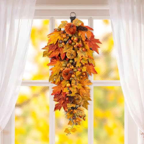 28-Inch Velvet Pumpkin Teardrop Swag with Pinecones and Berries