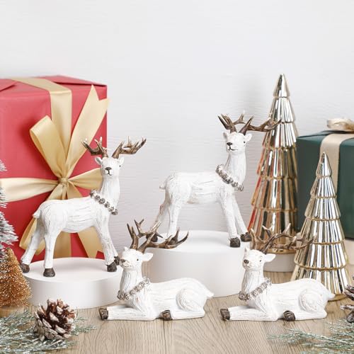 Wesiti 4-Pack Christmas Ceramic Reindeer Figurines for Holiday Decor, White Scandi Style