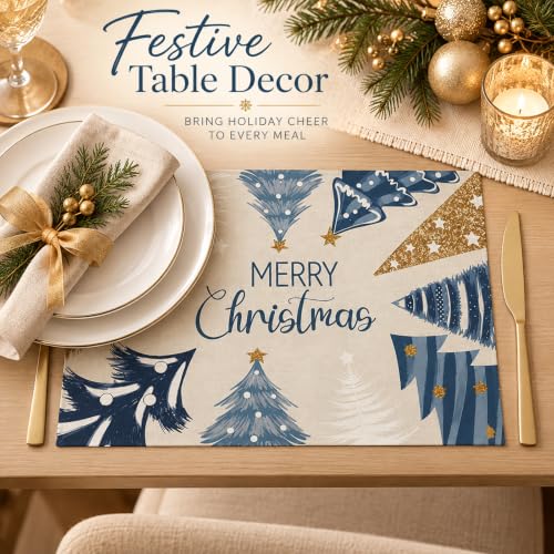 Merry Christmas Placemats Set of 4 - 12x18 in with Christmas Trees (Blue/White) by Taskoge