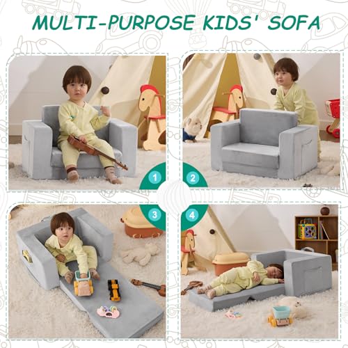 2-in-1 Foldable Toddler Sofa Chair - Grey Velvet Kids Recliner