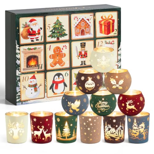 Everloria Christmas Hollow Pattern Candle Countdown Set - 12 Scented Soy Candles with Festive Designs