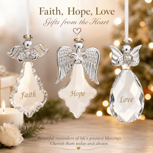 Set of 6 Crystal Angel Christmas Ornaments with Gold Lettering - Faith Hope Love Religious Holiday Decor