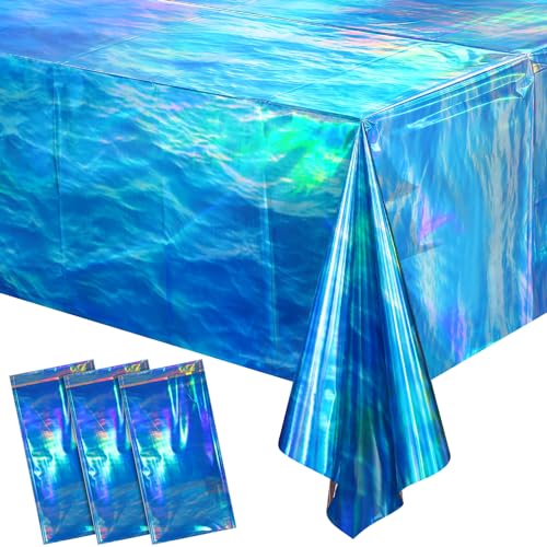 Iridescent Ocean Wave Plastic Tablecloths - 3 Pack 54 x 108 Inch Covers