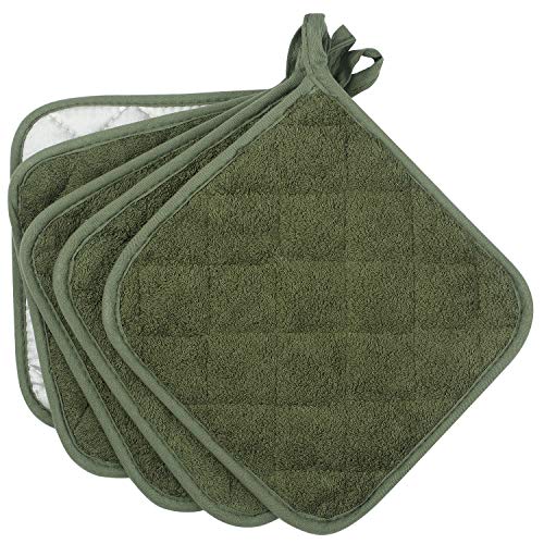 Cotton Terry Pot Holder Set of 5 - Heat Resistant Olive Green Hot Pads
