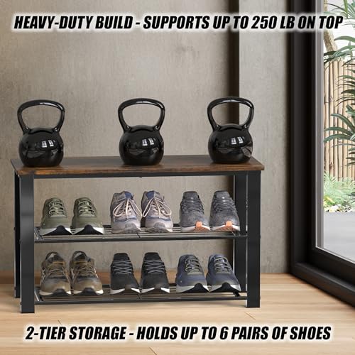 2-Tier Shoe Rack Bench, Rustic Brown Metal Entryway Storage Organizer