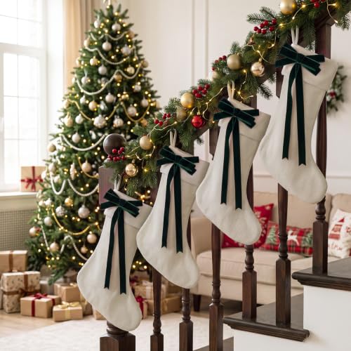 4 Pcs Linen 18in Christmas Stockings with Velvet Green Bow – Farmhouse Holiday Set