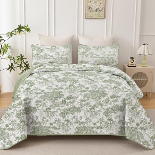 Sage Green Botanical Quilt Set - Queen 3-Piece Reversible Floral Coverlet