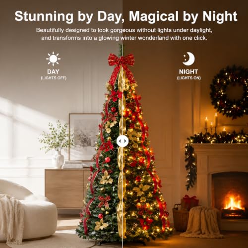 Red 7FT LED Pre-Lit Christmas Tree with Decorations and Metal Stand