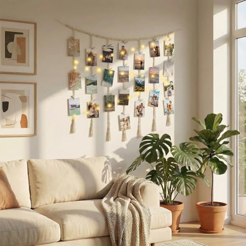 Macrame Hanging Photo Display with String Lights and Wooden Beads
