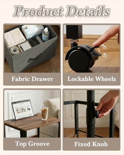 Swivel Top Nightstand with Charging Station and Fabric Drawer, Rolling Table