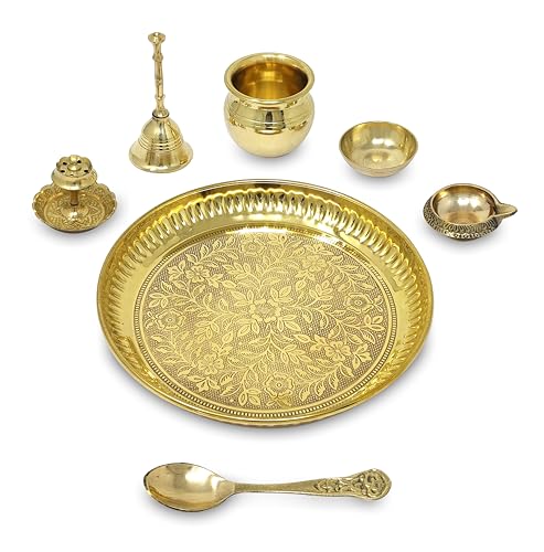 6-Inch Brass Pooja Thali Set with Ritual Items in Velvet Gift Box