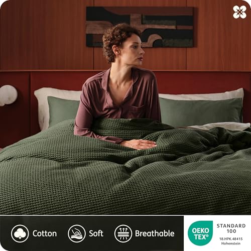 Queen Cotton Waffle Weave Duvet Cover - Olive Green, Breathable & Soft