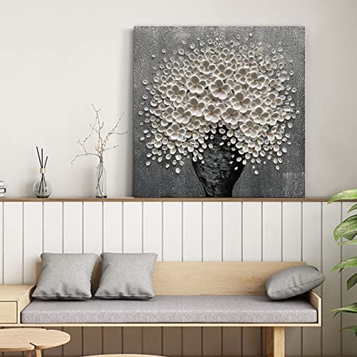 Hand-Painted White Flower Canvas Oil Painting 24x24 Inch Framed Wall Art