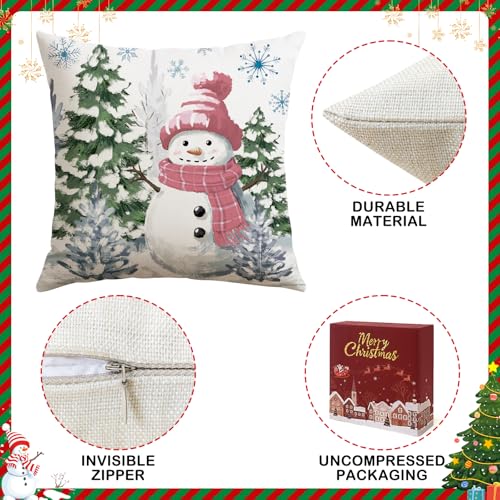 Artscope Christmas Throw Pillow Covers 18x18 Inch Set of 4, Pink Scottish Plaid Snowman Reindeer