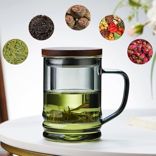 Unbreakable Modern Glass Tea Cup with Infuser & Lid 14.5oz Heat-Resistant Borosilicate