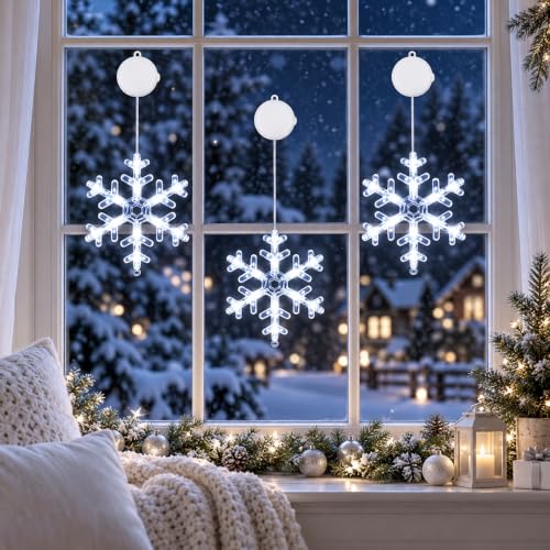 BHCLIGHT 3 Pack Cool White Snowflake Window Lights - Snowflake Christmas Decor