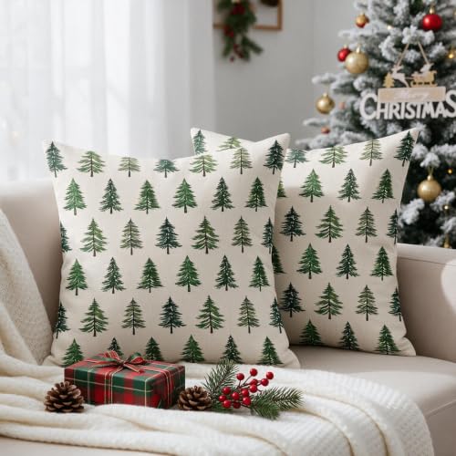 Sivirary 18x18 Inch Green Cream Christmas Tree Pillow Covers Set of 2 - Winter Holiday Decor